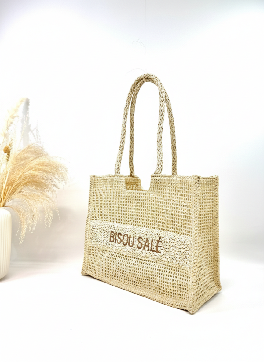 Sac cabas en paille tressé "Bisou salé"
