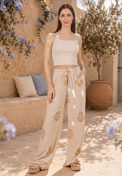 Pantalon lin et coton à broderies