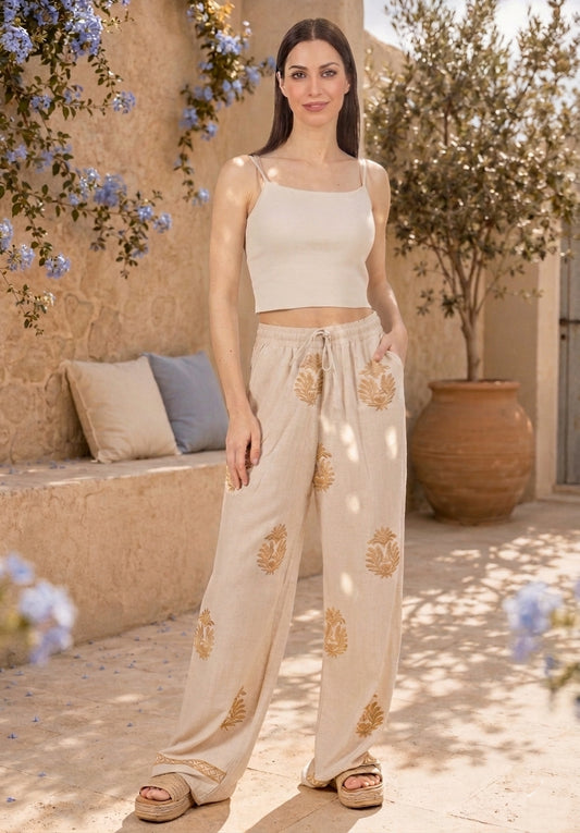 Pantalon lin et coton à broderies