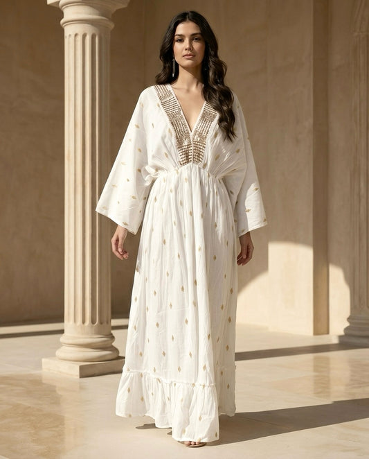 Robe coton à broderies dorées