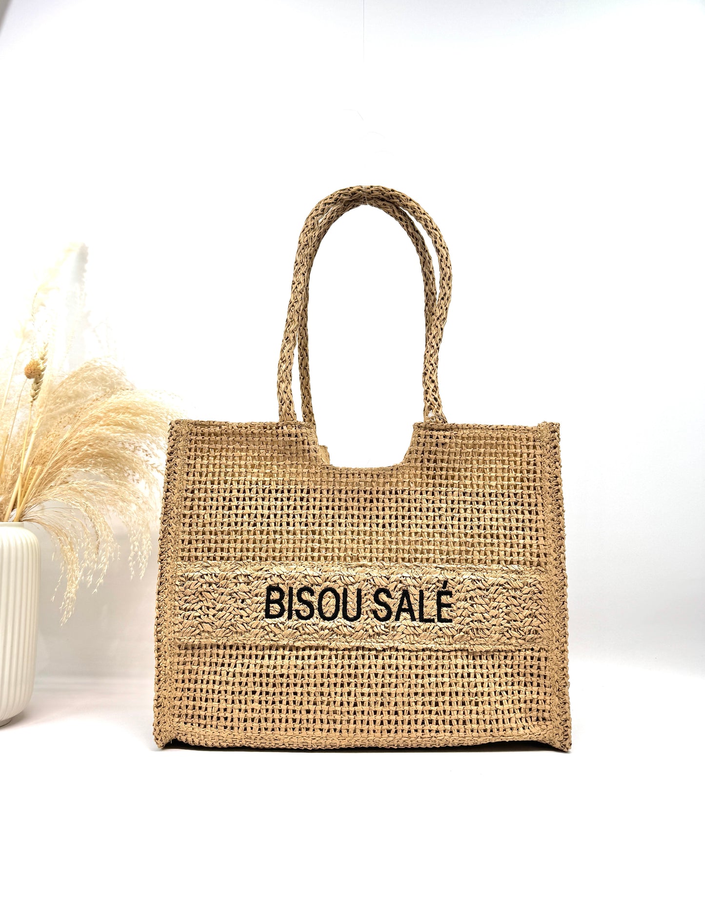 Sac cabas en paille tressé "Bisou salé"