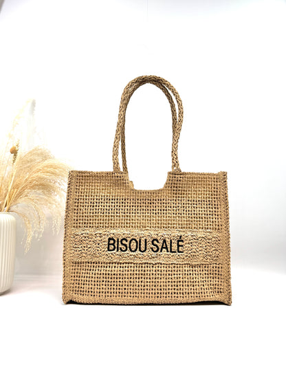Sac cabas en paille tressé "Bisou salé"