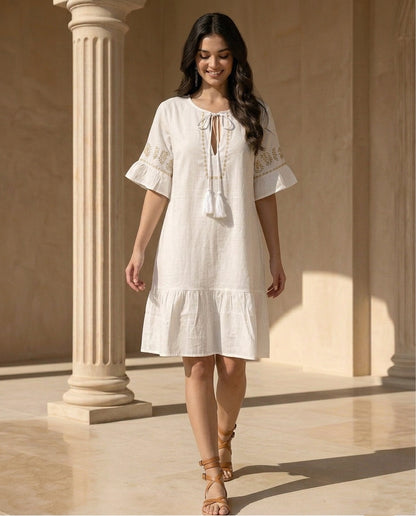Robe coton courte à pompons