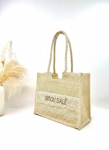 Sac cabas en paille tressé "Bisou salé"