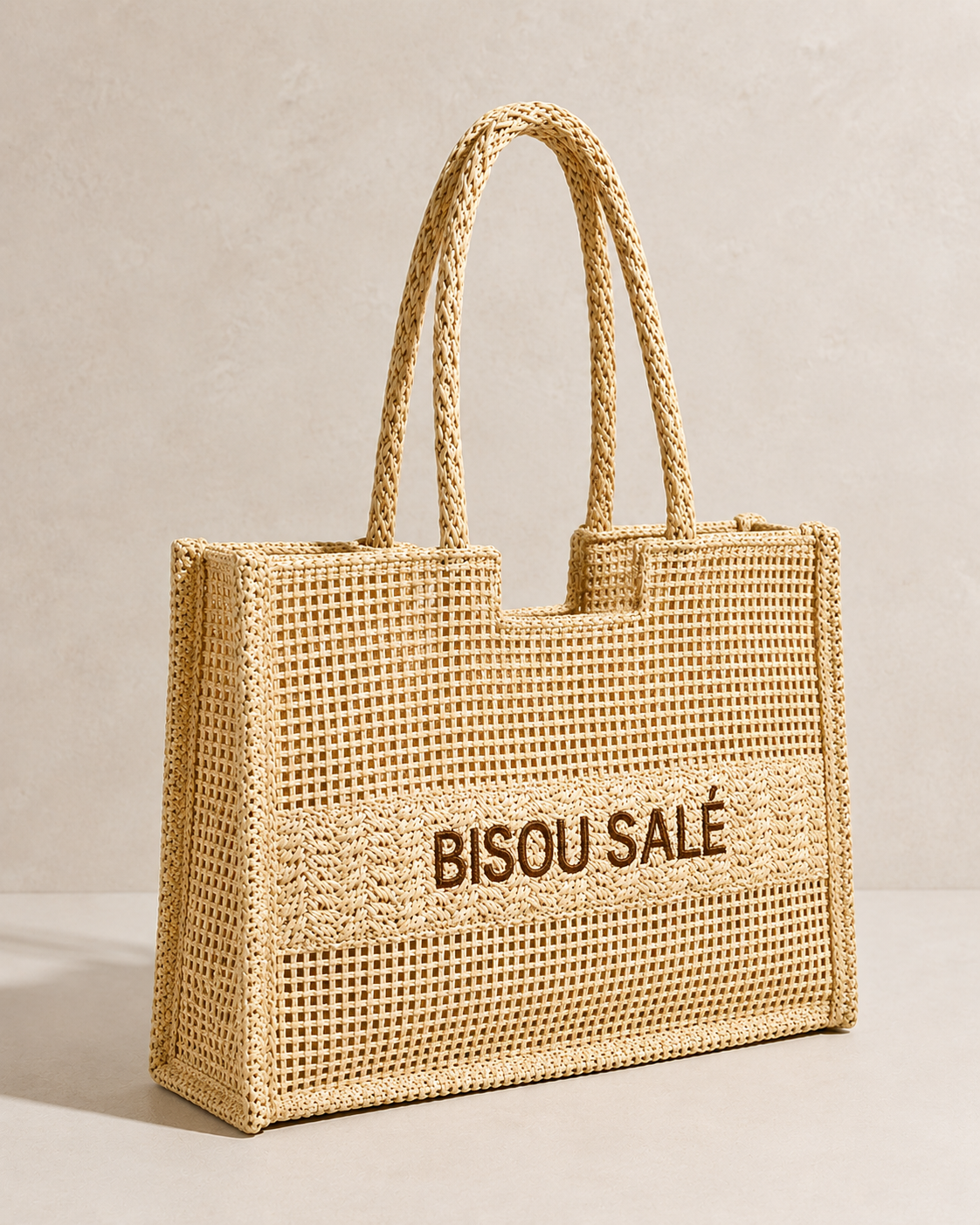 Sac cabas en paille tressé "Bisou salé"