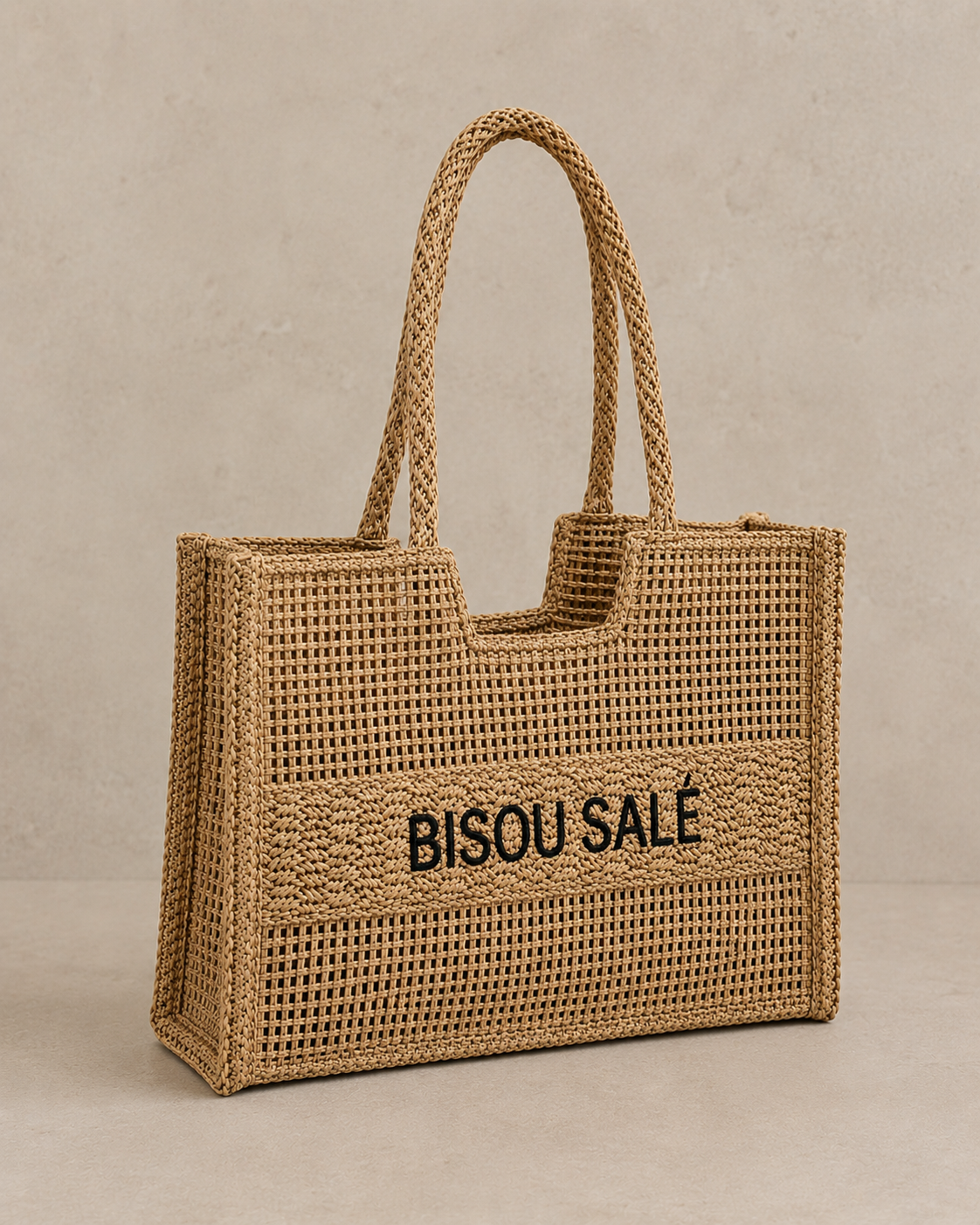 Sac cabas en paille tressé "Bisou salé"