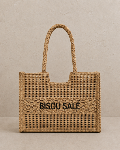 Sac cabas en paille tressé "Bisou salé"