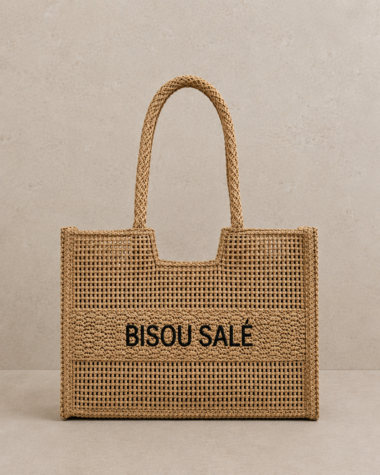 Sac cabas en paille tressé "Bisou salé"