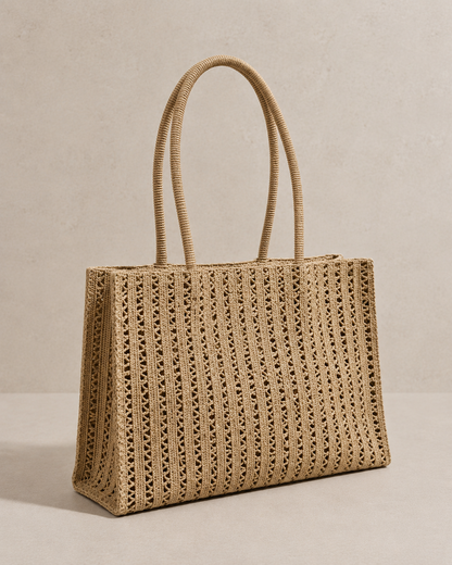 Sac cabas tressé à finitions dorées éclat solaire