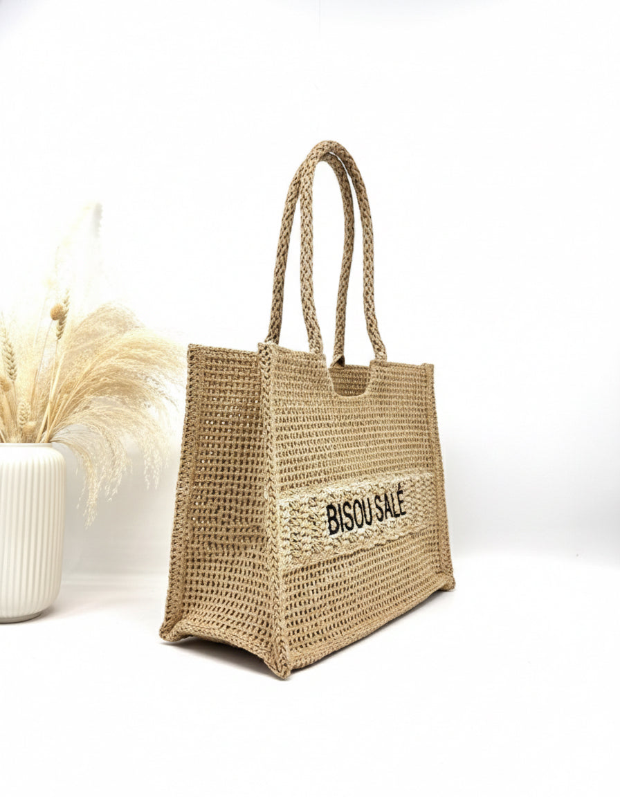 Sac cabas en paille tressé "Bisou salé"