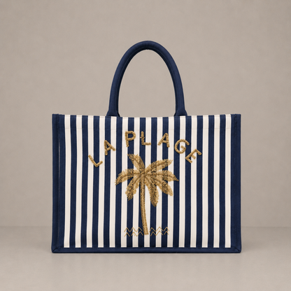 Le sac cabas "La plage" toile rayée et palmier