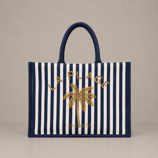 Le sac cabas "La plage" toile rayée et palmier