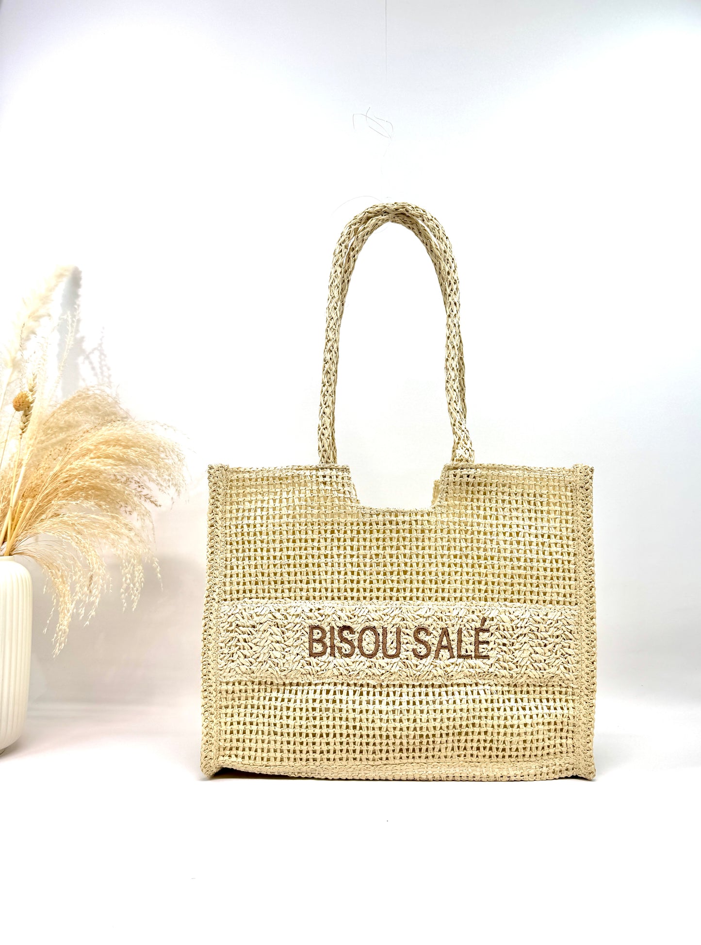 Sac cabas en paille tressé "Bisou salé"