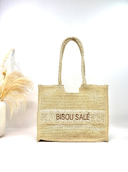 Sac cabas en paille tressé "Bisou salé"