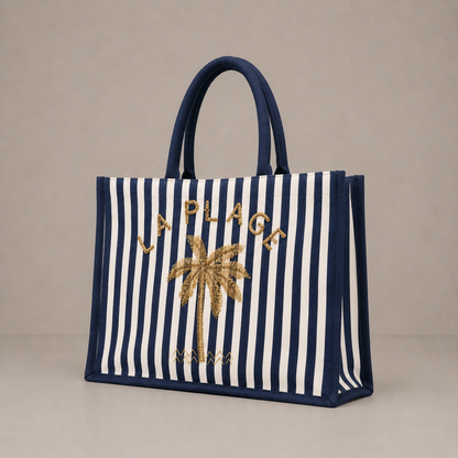 Le sac cabas "La plage" toile rayée et palmier
