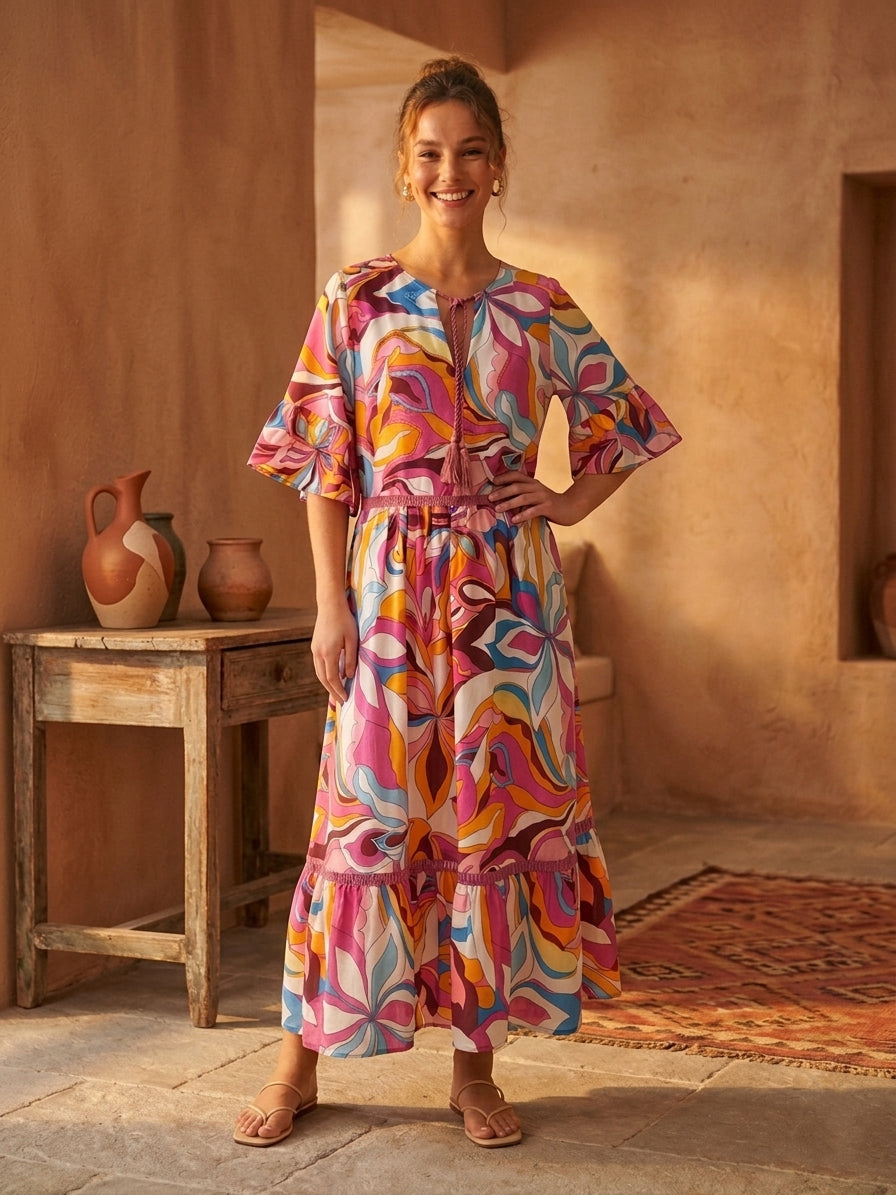 Robe coton centrée à motifs