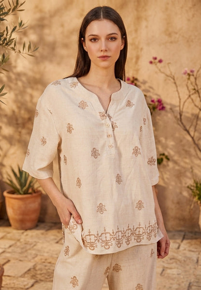 Blouse lin et coton à broderies